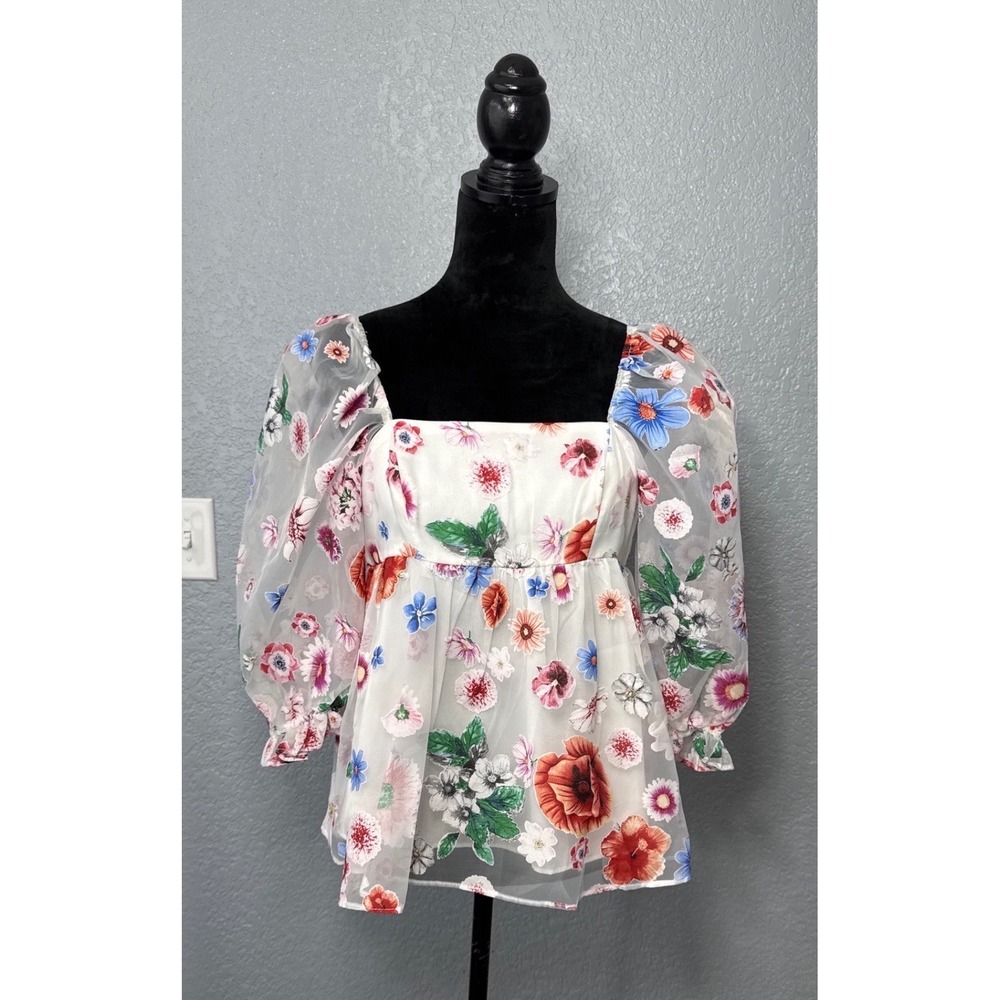 Storia Floral Mesh Babydoll Top Womens Small White New Puff Sleeve Embroidered